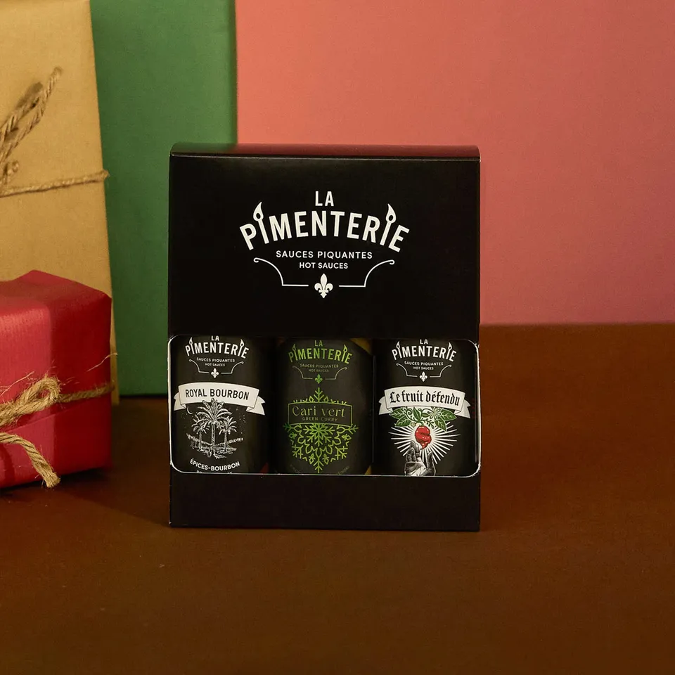 la-pimenterie-coffret-hot-ones-coffret-3-sauces-royal-bourbon-cari-vert-le-fruit image 1